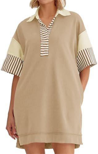 Wenrine Women's Polo V Neck T Shirt Dress Casual Summer Oversized Color Block Short Sleeve Sweats... | Amazon (US)