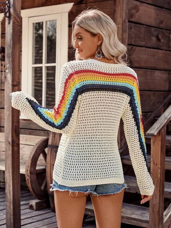 LanaWest Women's Casual Countryside Style Striped Hollow-Out Knit Sweater | SHEIN