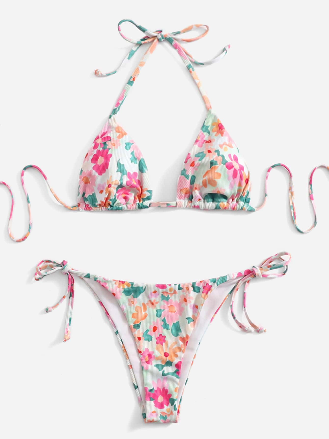 Floral Rib Halter Triangle Bikini Swimsuit | SHEIN