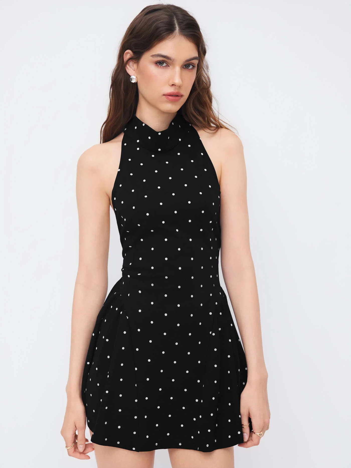 Knit Fabric Halter Neckline Polka Dot Backless Ruffle Mini Dress For Date | Cider