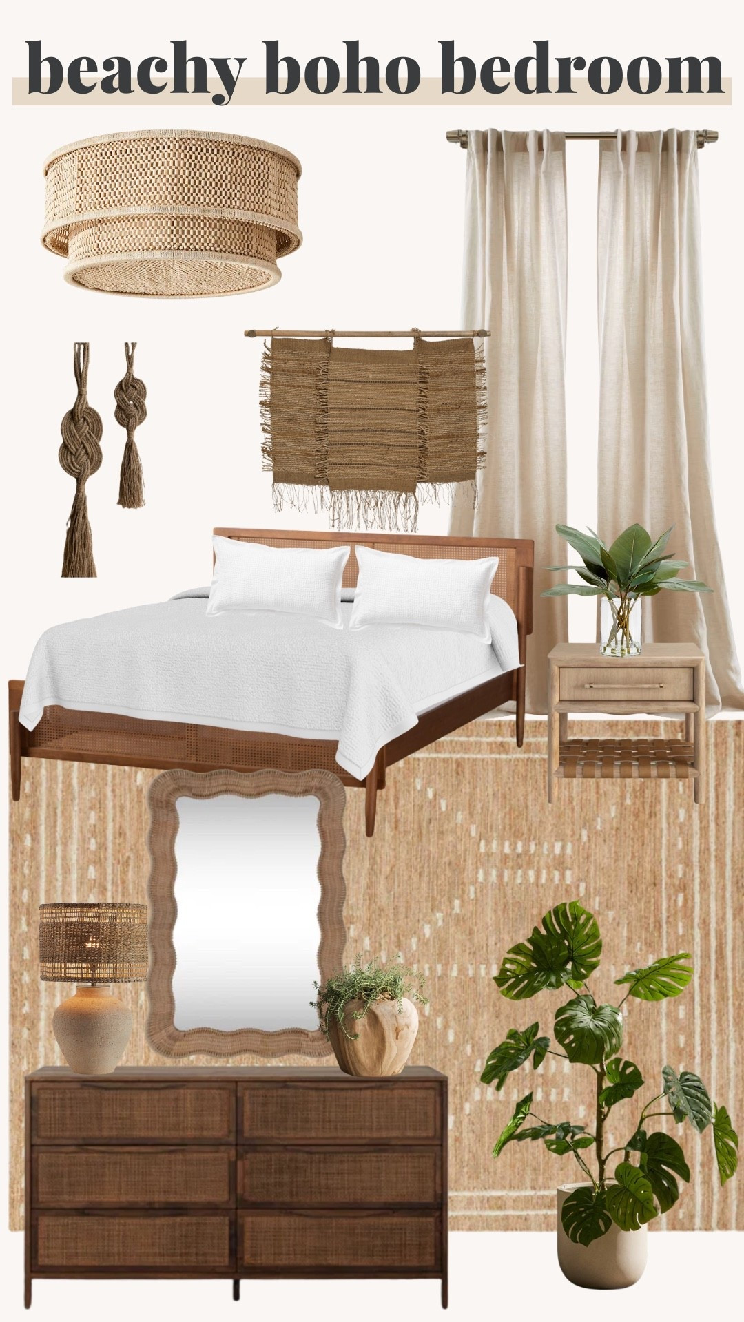 Beachy boho bedroom, curtain picks, bed, bedding, wall art, ceiling lighting, plants, lamp, rug, nightstand, mirror 

#LTKStyleTip #LTKHome #LTKTravel