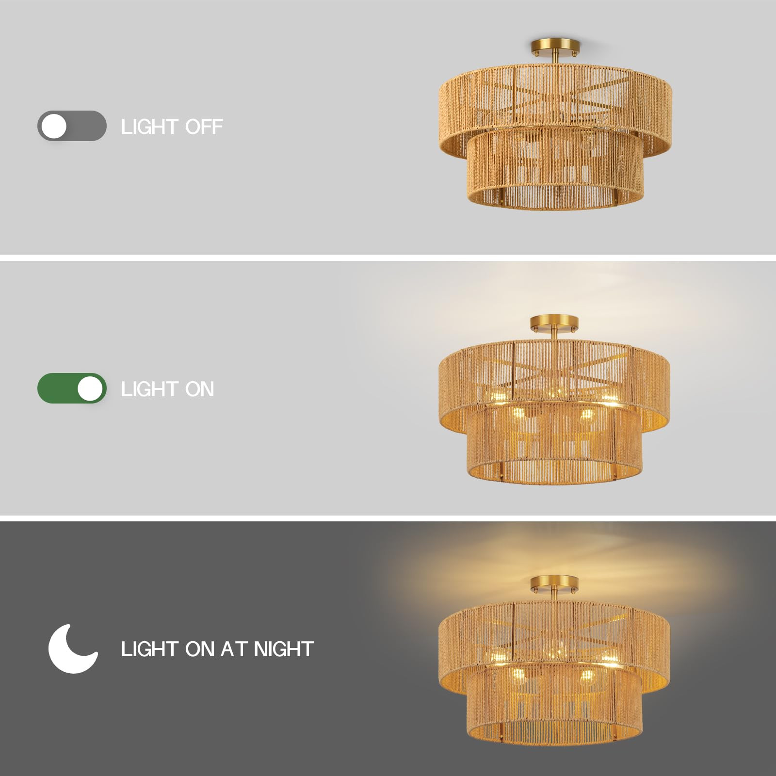 22” Boho 2-Tier Rattan Ceiling Light Fixture, 5-Light Flush Mount Woven Chandelier for Bedroom,... | Amazon (US)