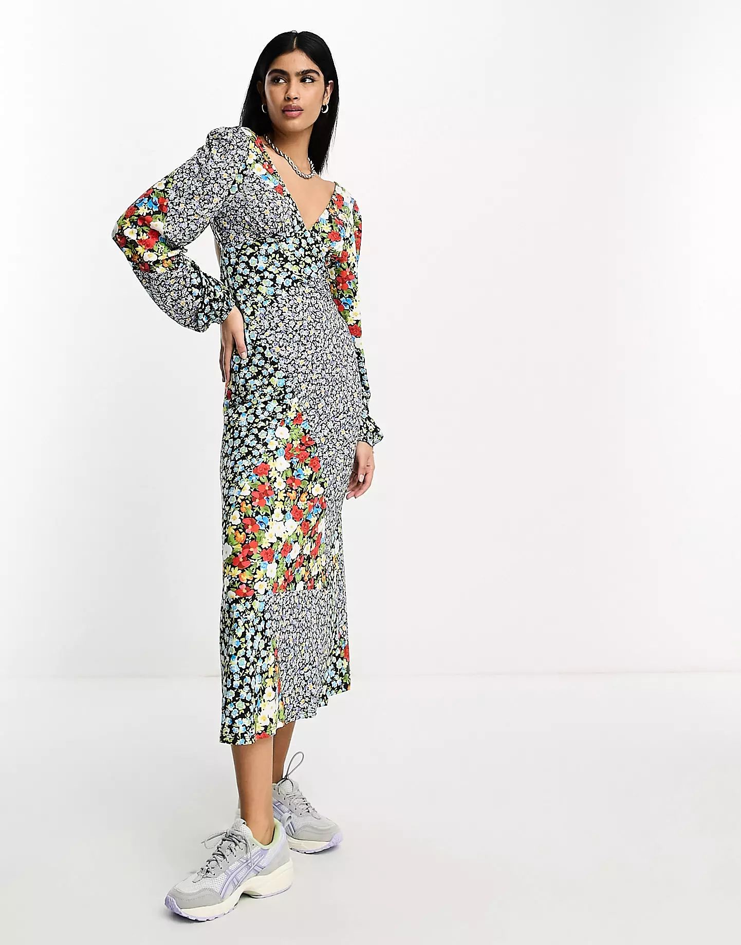 ASOS DESIGN long sleeve v neck midi dress in mixed print | ASOS (Global)