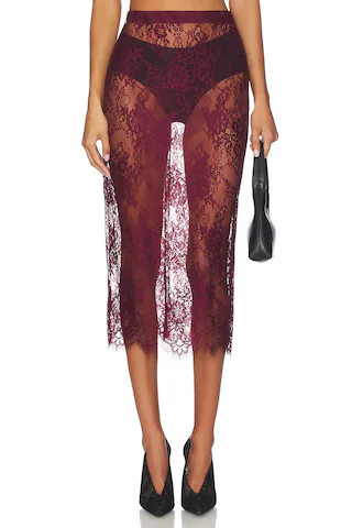 Makena Lace Pencil Skirt in Dark Port | Revolve Clothing (Global)