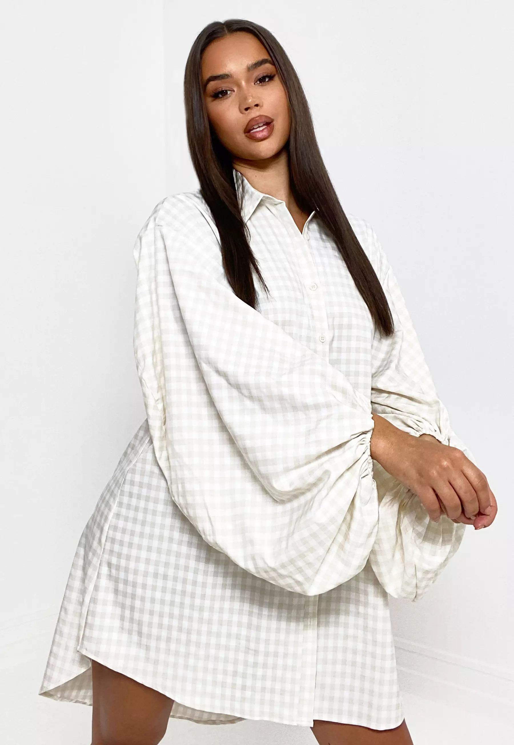 Stone Plaid Puffball Sleeve Oversized Shirt Dress | Missguided (US & CA)
