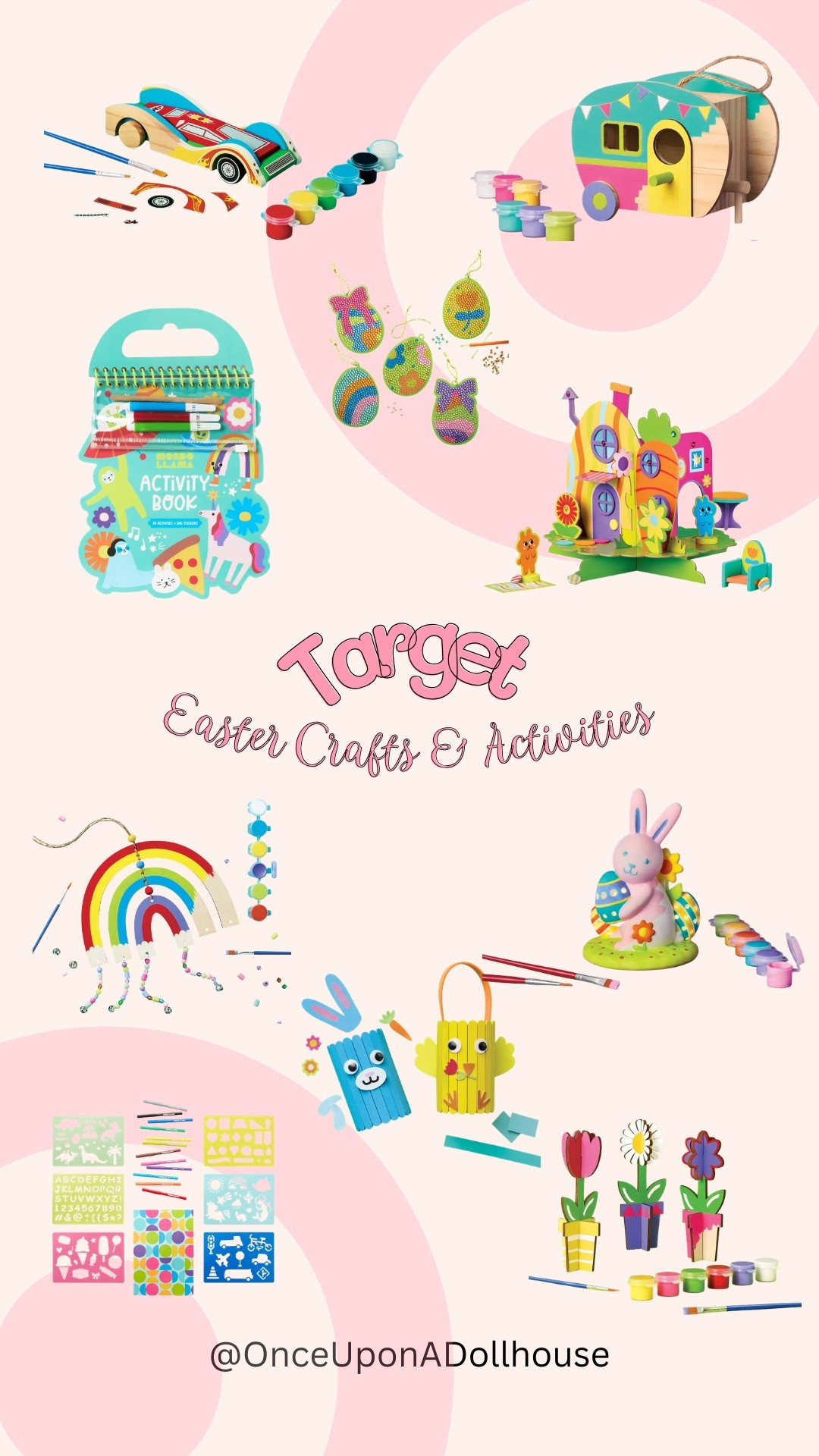 Target Easter Crafts and Activities! 

Flower painting, rainbow wind chime painting, ceramic bunny painting, bird house, car, gem art, stencil set activity kit

#LTKKids #LTKFestival #LTKSeasonal