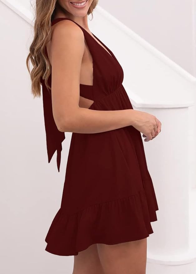 Febriajuce Womens Summer Mini Dress Loose Ruffle Deep V-Neck Backless Strap Solid Casual Short Dr... | Amazon (US)