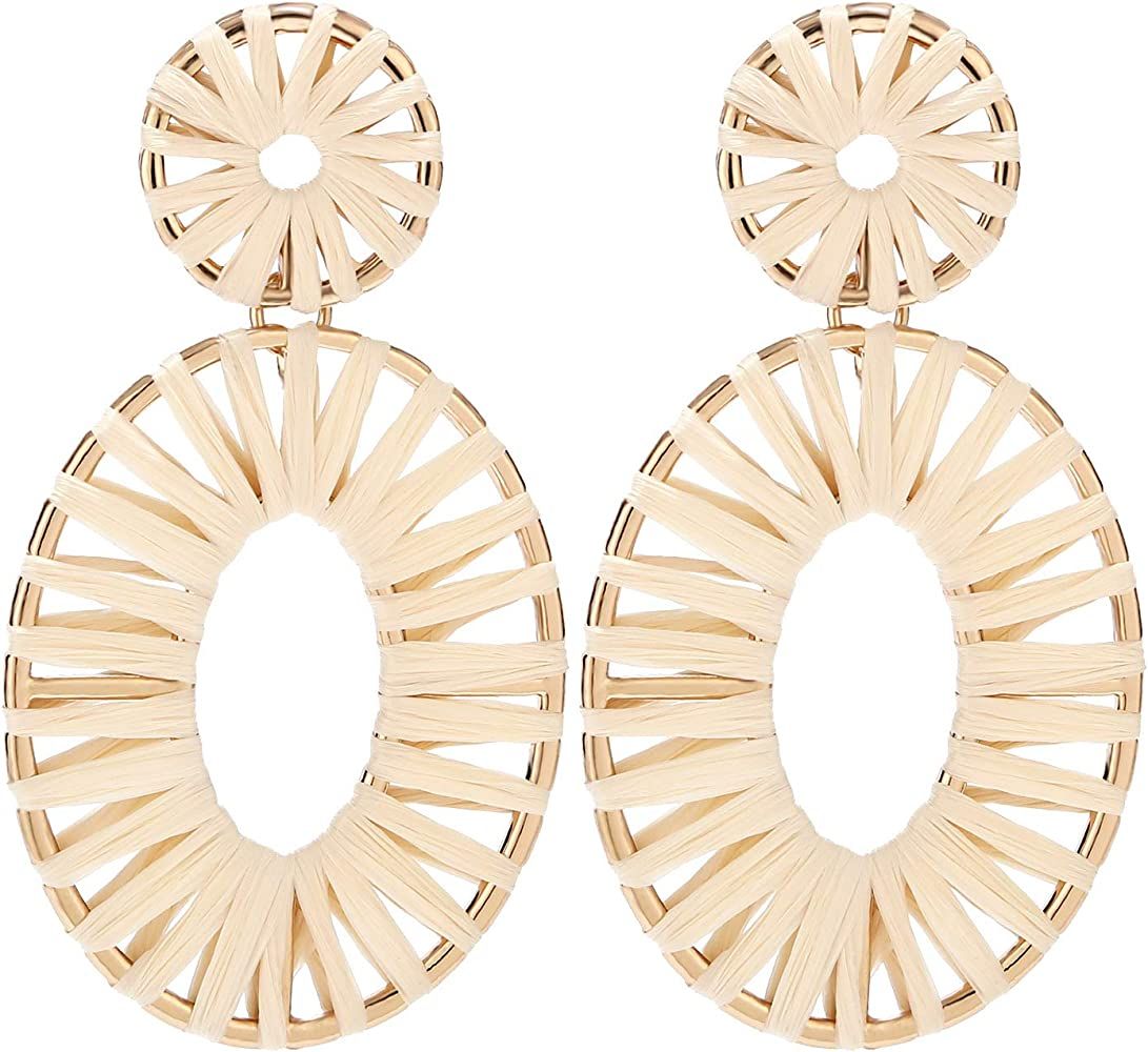 Raffia Tassel Hoop Drop Earrings Handmade Fashion Statement Jewelry for Women Girls | Amazon (US)