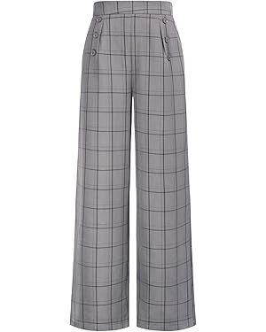 Women's Plaid Wide Leg Pants High Waisted Casual Long Trousers Dress Pants Straight Leg Business ... | Amazon (US)