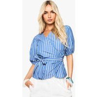 boohoo Women's Stripe Puff Sleeve Wrap Top in Blue | Size: 4 | Denim/Cotton/Polyurethane | boohoo (US & Canada)