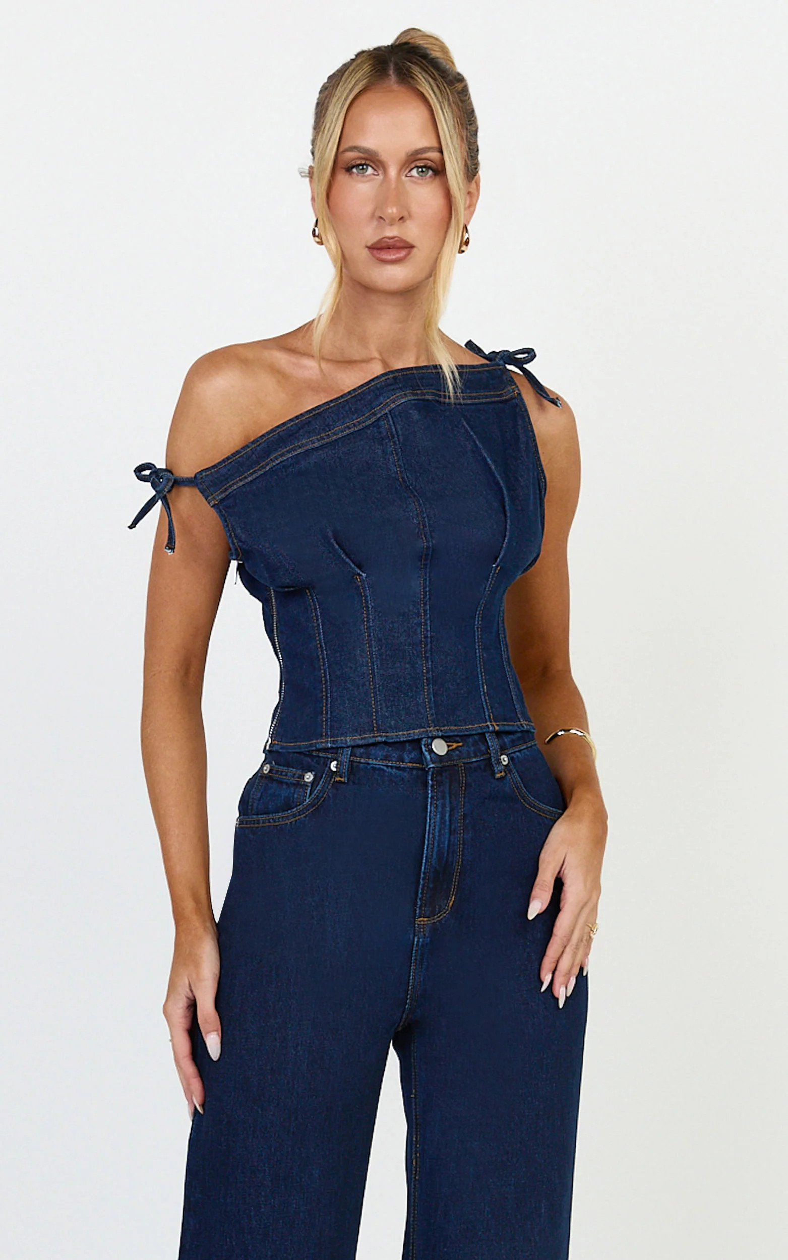 Ivy Top - Asymmetrical Neckline Tie Detail Stretch Denim Top in Dark Blue Wash | Showpo (ANZ)