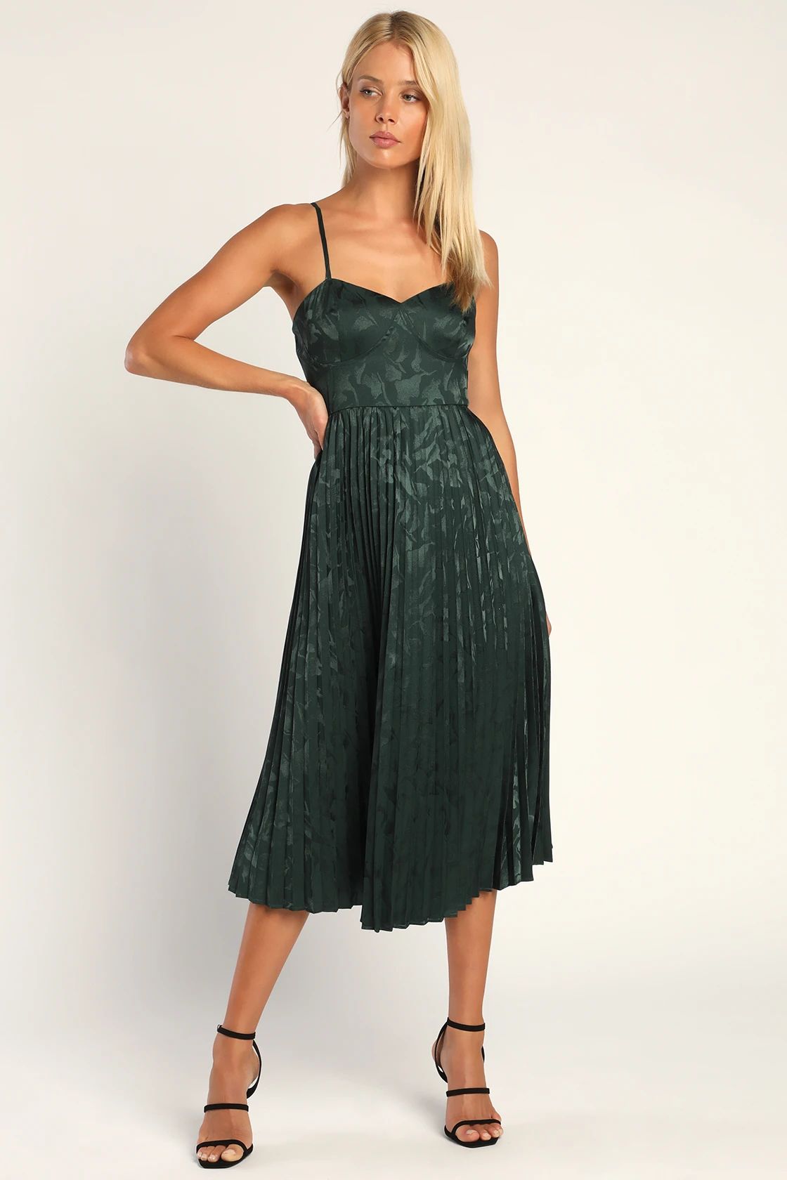 Chic Sensibility Dark Green Satin Jacquard Pleated Midi Dress | Lulus (US)