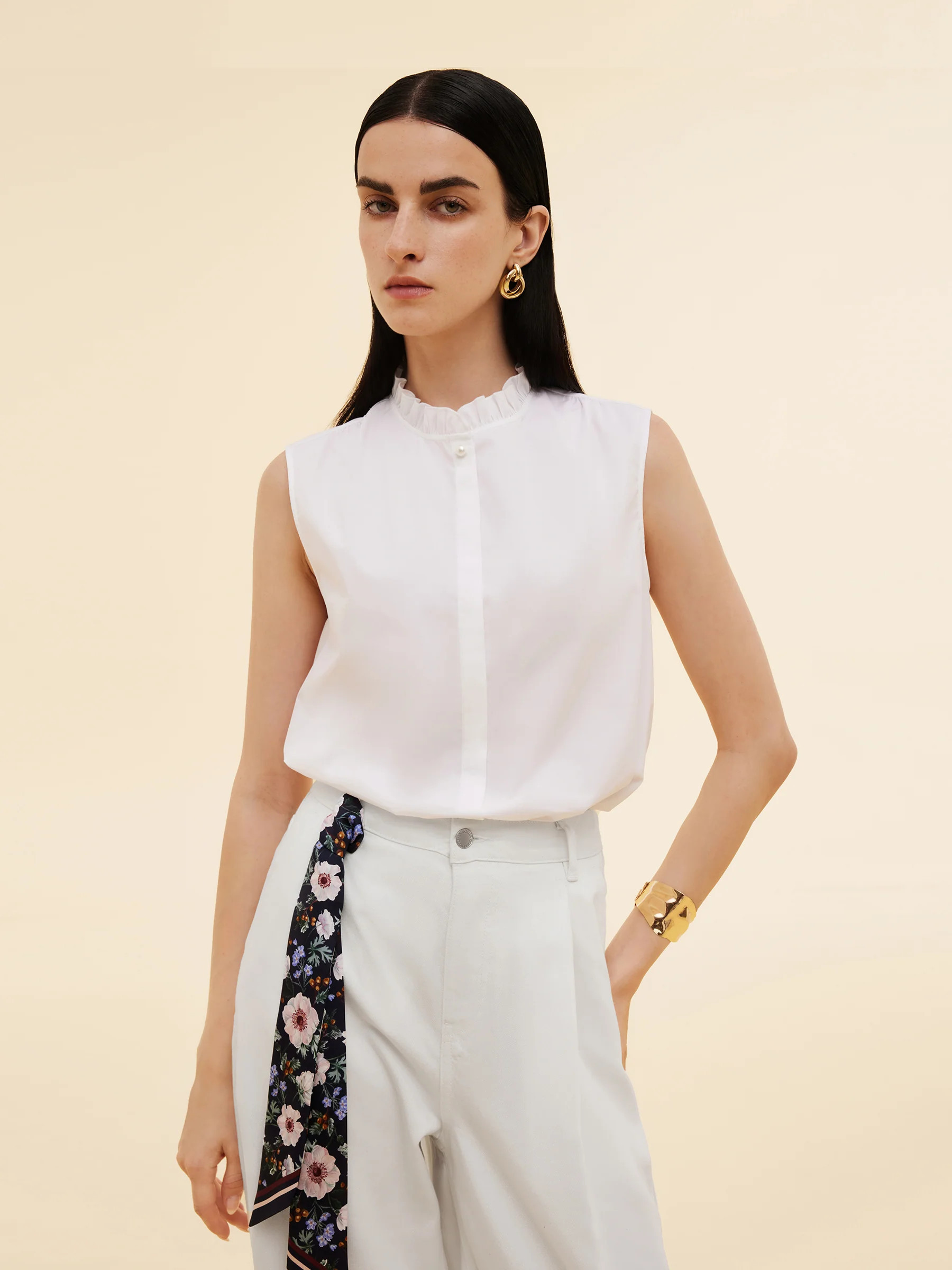 Ruffle Collar Women Sleeveless Shirt - White / S | GOELIA