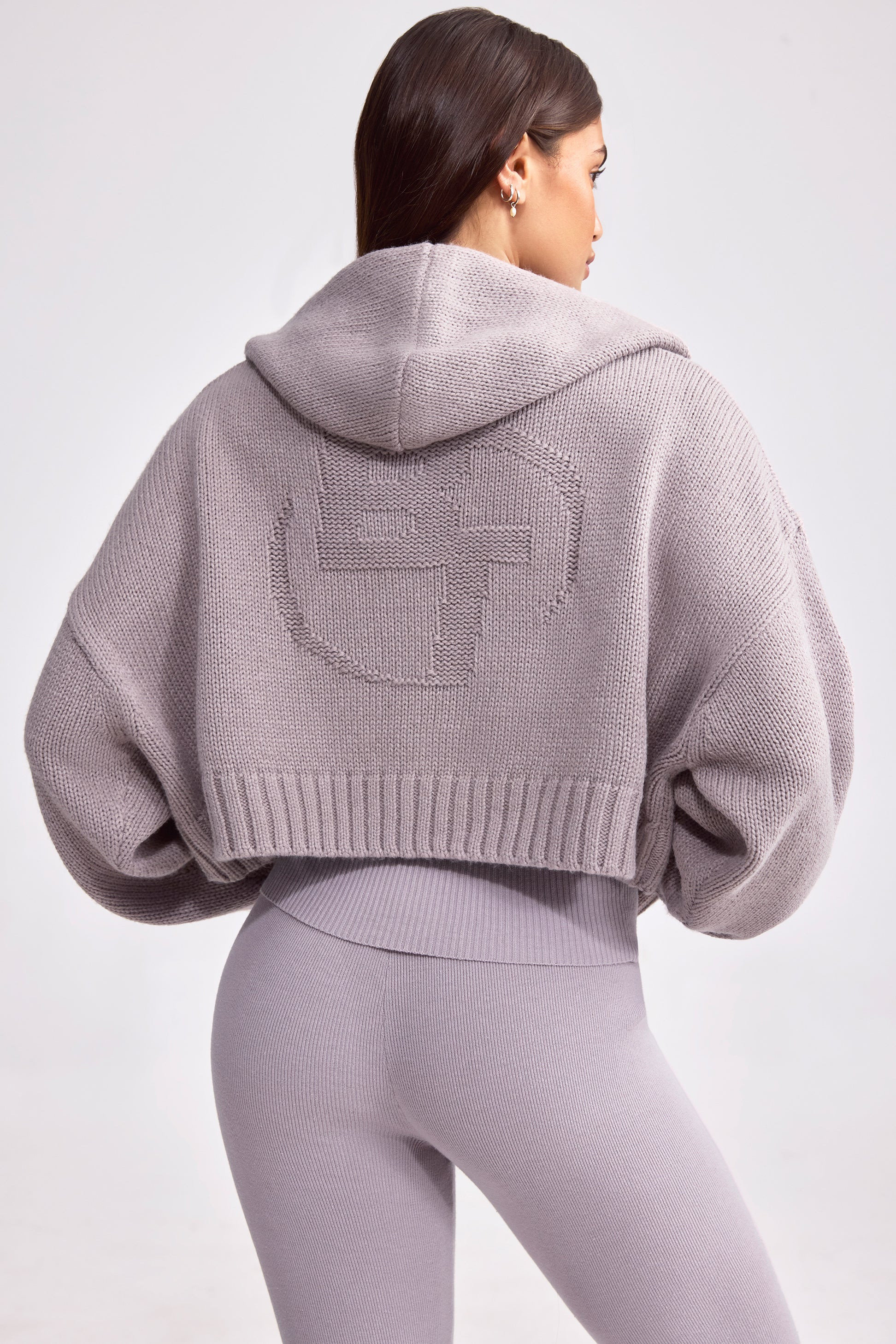 Cropped Zip-Up Chunky Knit Hoodie in Dusty Lavender | Bo&Tee