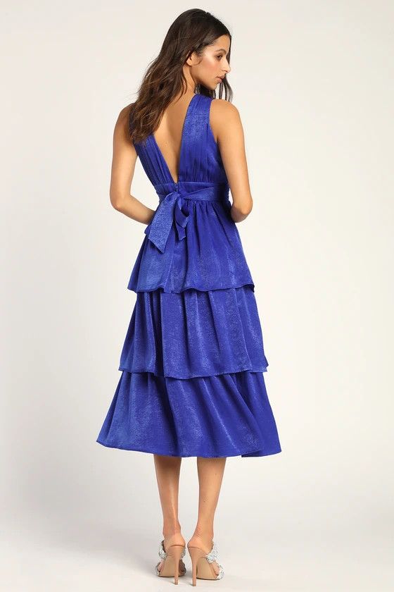 Peak Party Vibe Cobalt Blue Satin Tiered Tie-Back Midi Dress | Lulus (US)