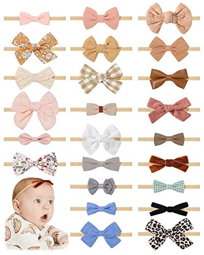 jollybows 24 PCS Baby Headbands and Bows Hairbands Soft Nylon Elastics Handmade Girls Hair Accessories for Newborn Babies Infant Toddlers Kids | Amazon (US)