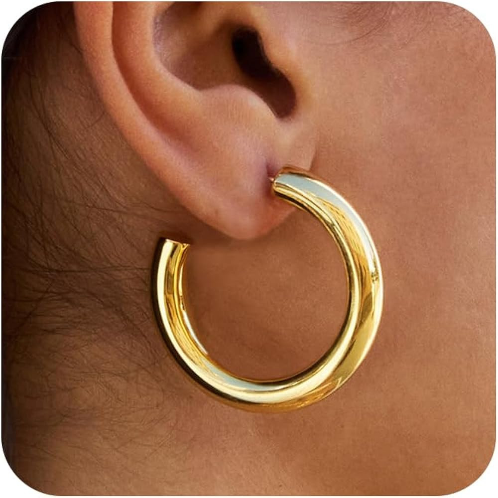5MM Thick Gold Hoops Non Tarnish: Lightweight 14K Gold Plated Chunky Gold Hoop Earrings for Women... | Amazon (US)