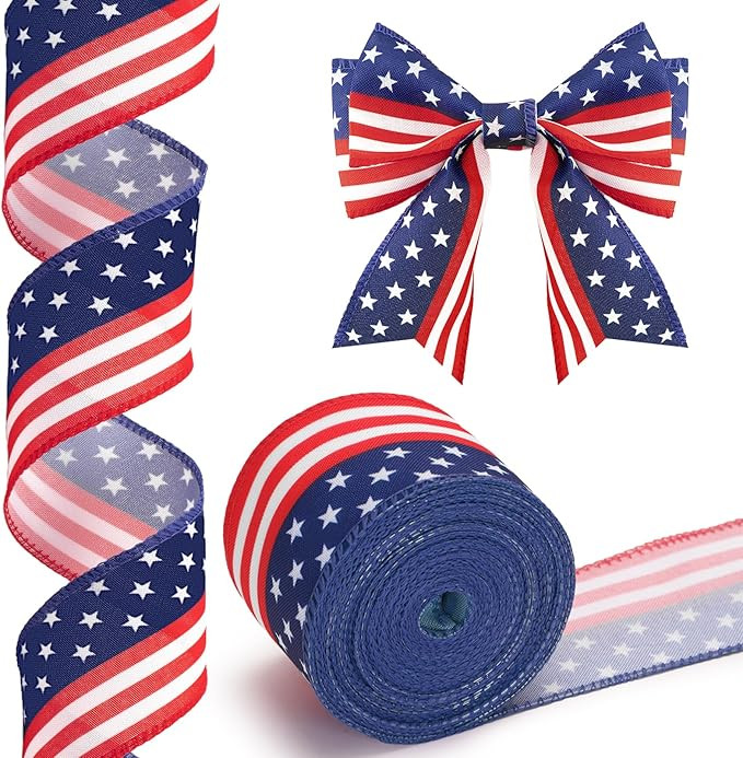 KINGLAKE 250th Anniversary Patriotic Wired Ribbon - 2-1/2 Inch x 11 Yds Red White Blue Striped St... | Amazon (US)