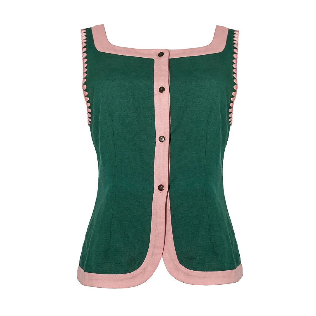 Athena Vest, Green with Pink Color Block Linen | The Avenue