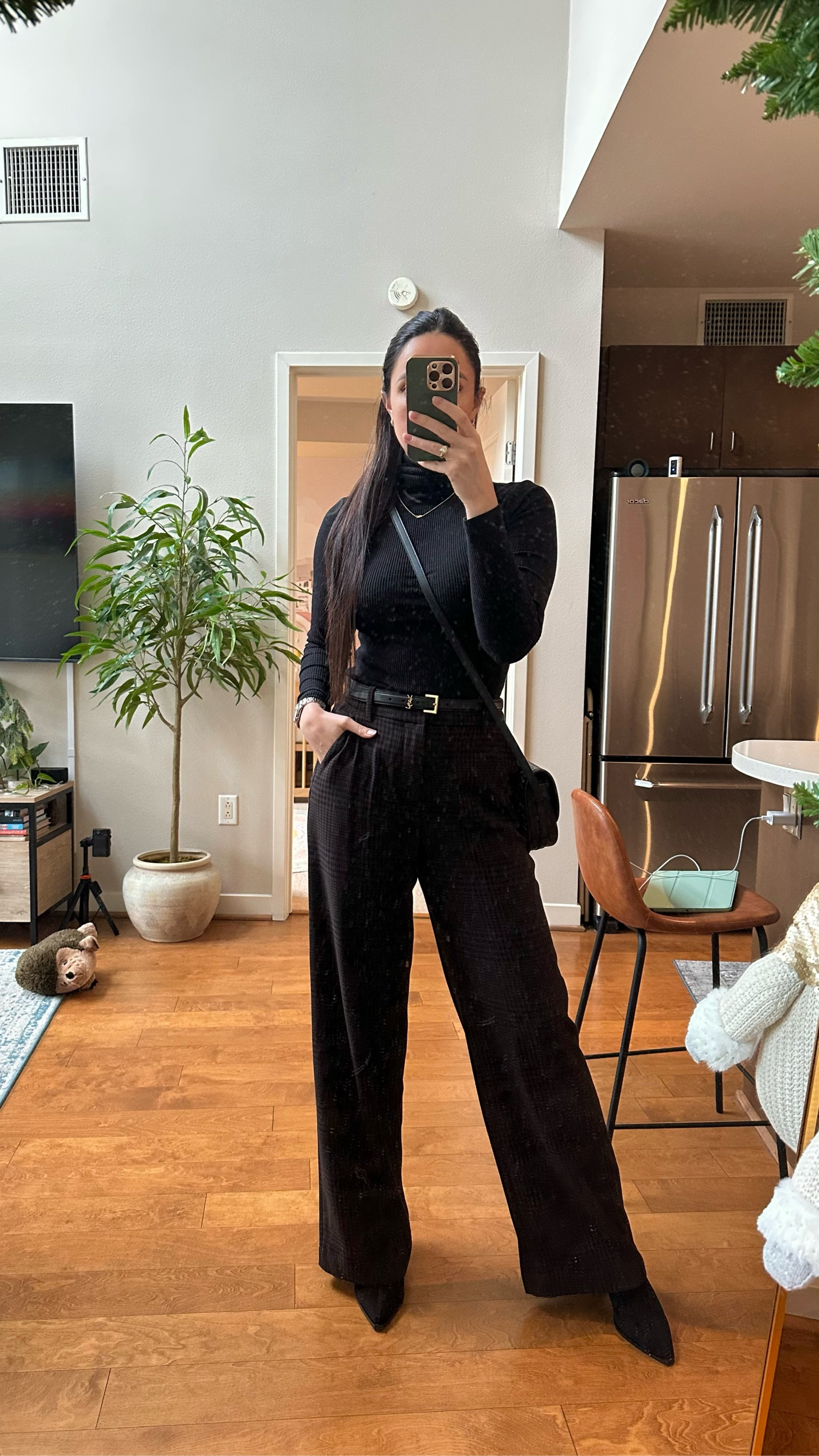 Black turtleneck S
Plaid slacks 27R
Point toed ankle boots 7.5
Black Gucci belt 
Goyard crossbody 

#LTKHoliday #LTKSaleAlert #LTKFindsUnder50