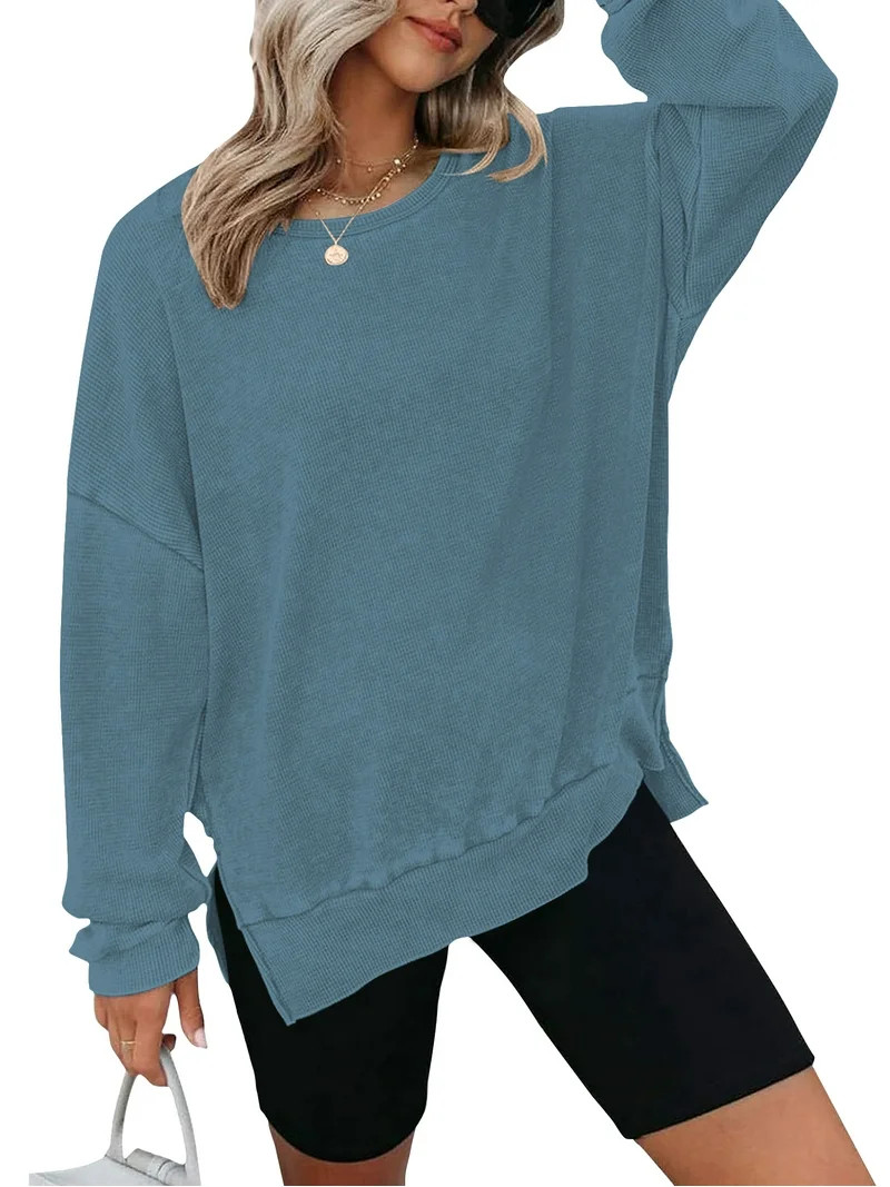 TEMOFON Womens Sweatshirts Long Sleeve Tops Blouse Waffle Knit Crew Neck Fashion Side Slits Casua... | Walmart (US)