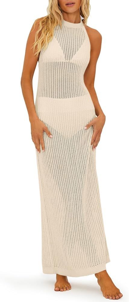 Saodimallsu Womens Crochet Coverups Backless Maxi Dresses Sleeveless Halter Mesh Beach Dress Swim... | Amazon (US)