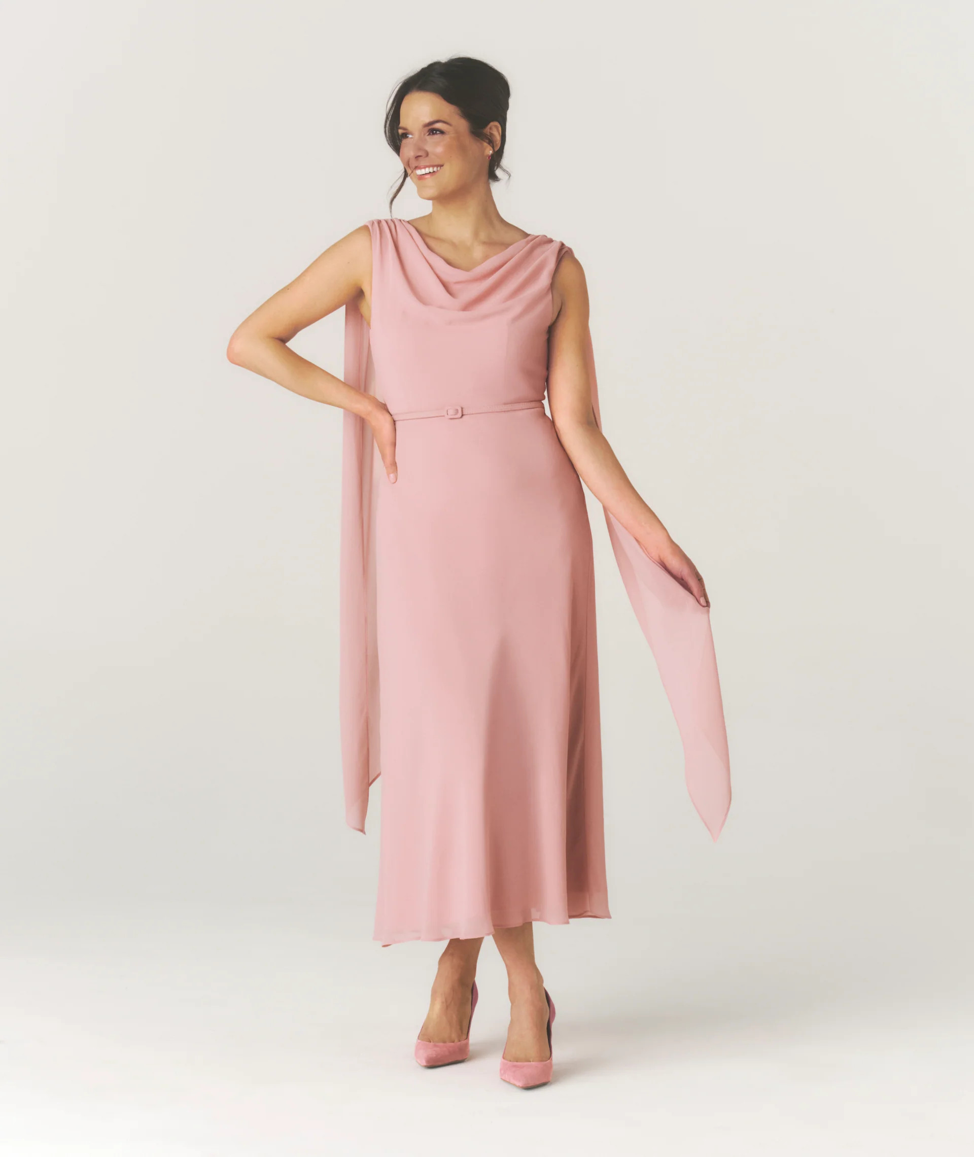 Cowl Front Drape Detail Belted Midi Dress - Rose | Six Stories