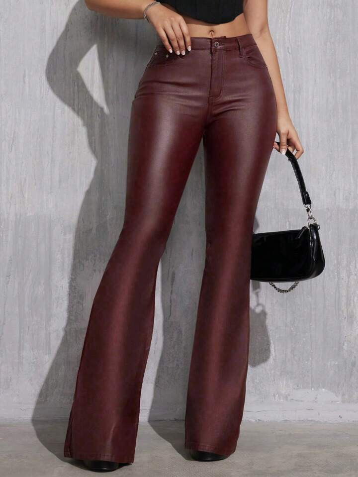SHEIN Tall Women's Plain PU Leather Flare Pants With Pockets, Fashion' | SHEIN