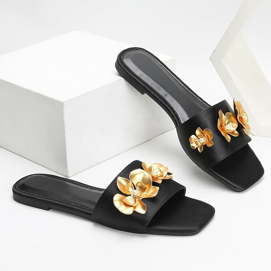 Women'S Pu Square Open Toe Flat Sandals With Metal 3d Flowers Fashion Single Band Slip On Comfort... | Amazon (US)