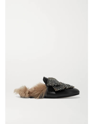 Gucci - Shearling-lined Embellished Leather Slippers - Black | NET-A-PORTER (UK & EU)