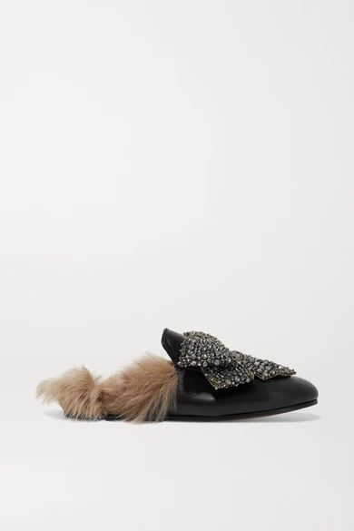 Gucci - Shearling-lined Embellished Leather Slippers - Black | NET-A-PORTER (UK & EU)