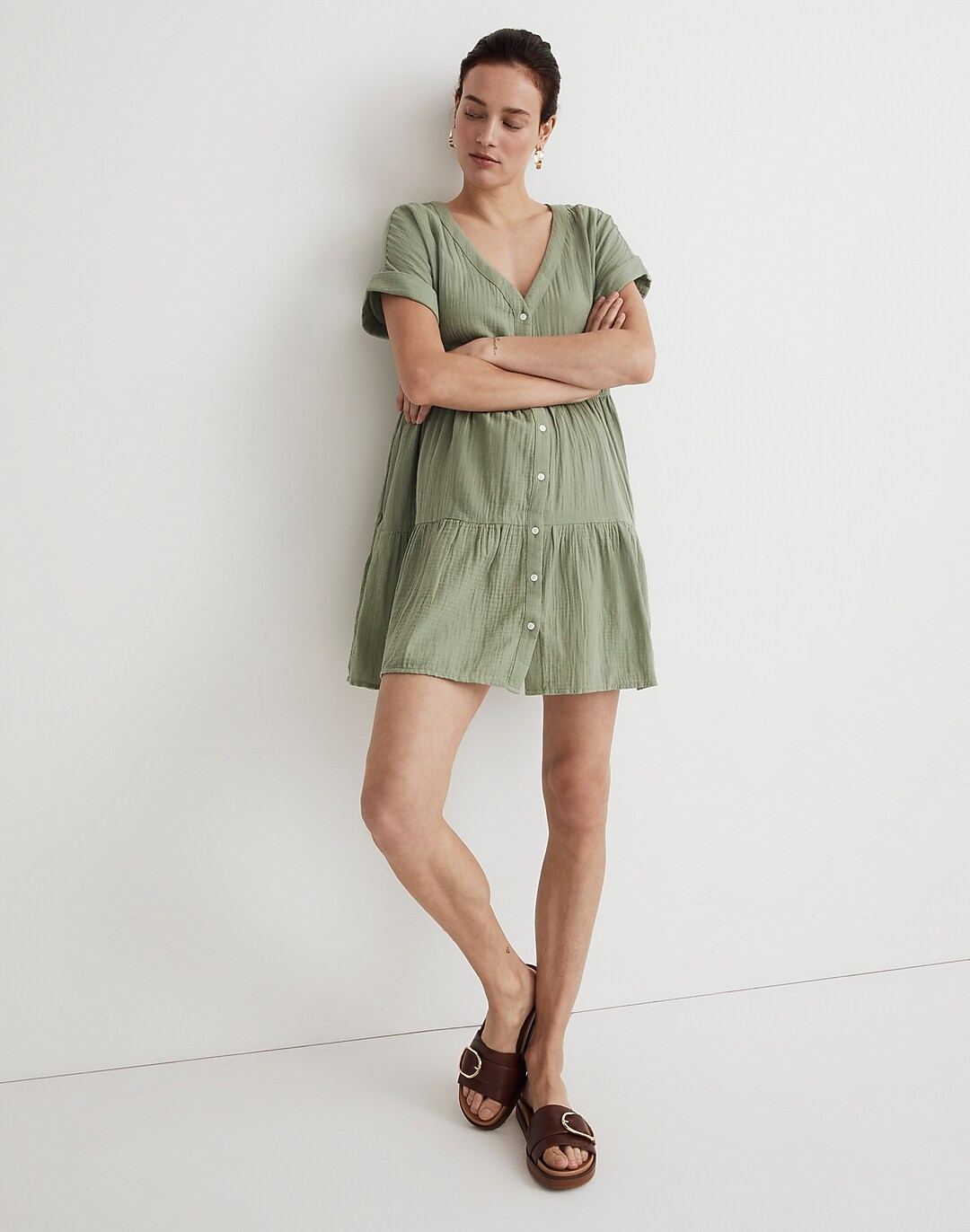 Lightspun Cuff-Sleeve Button-Front Tiered Mini Dress | Madewell