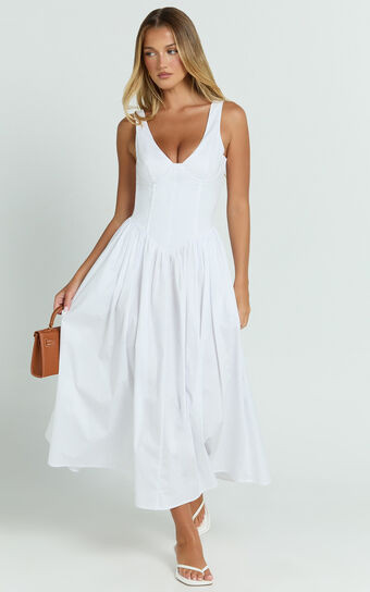 Beckett Midi Dress - Scoop Neck Drop V Waist Gathered Skirt Dress in White | Showpo (US, UK & Europe)