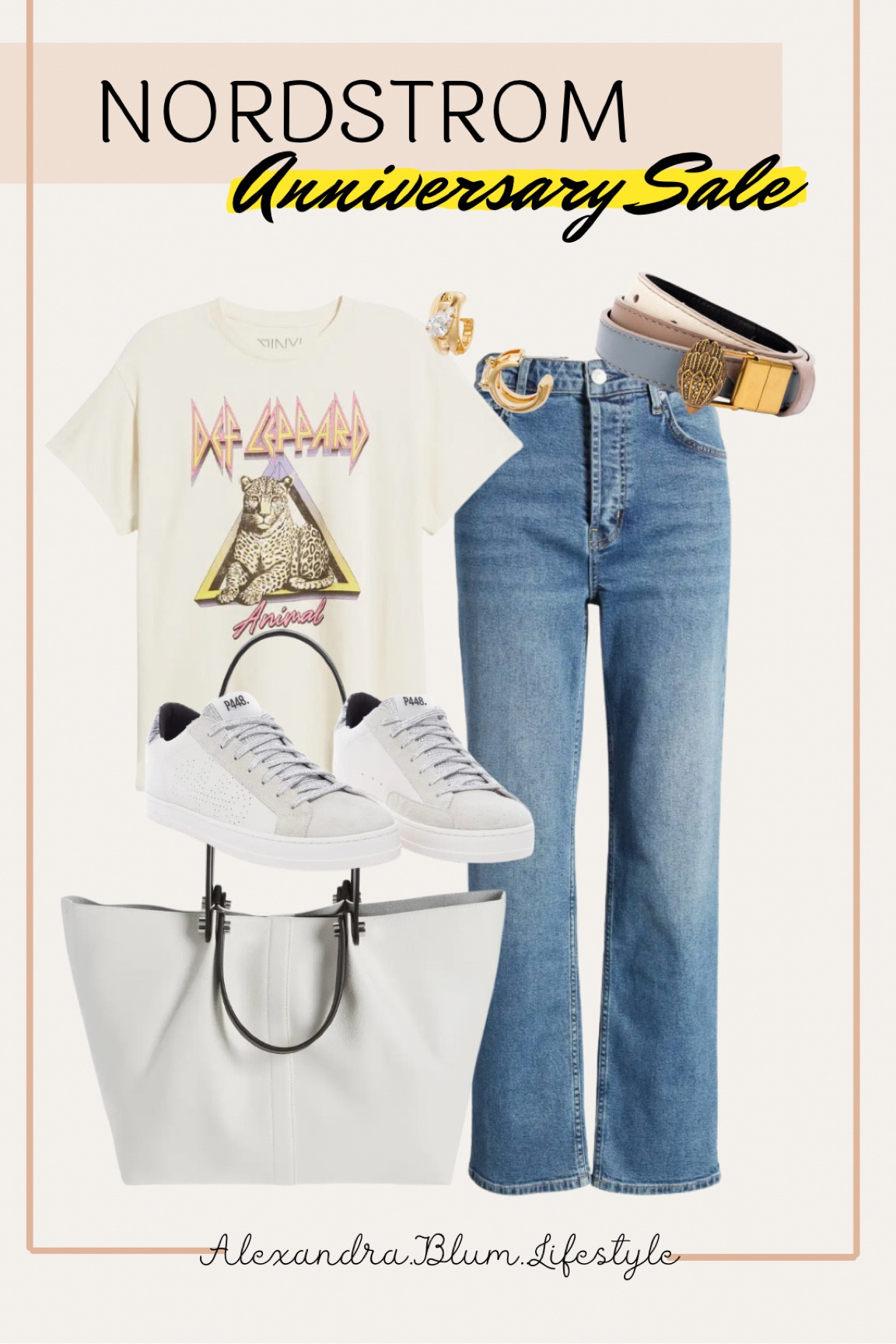 Cute casual outfit idea from the Nordstrom anniversary sale event! Affordable graphic t-shirt, straight leg jeans, white large tote bag, white sneakers, and reversible designer belt! 

#LTKStyleTip #LTKxNSale #LTKFindsUnder100