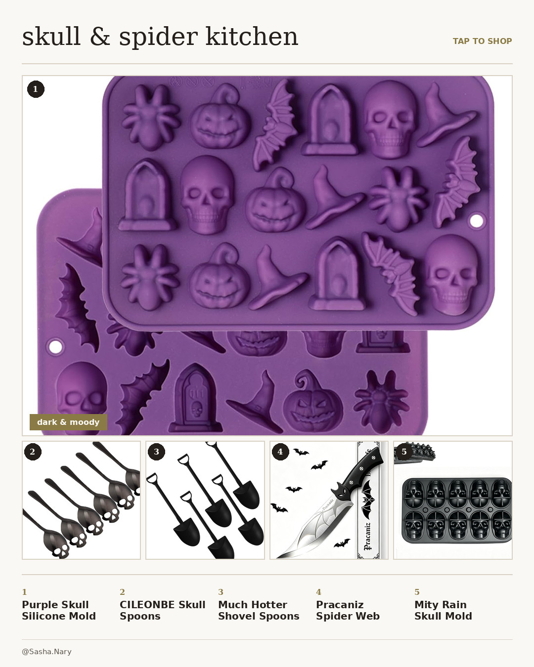 Bring a dark and moody vibe to your spooky season prep with these skull and spider kitchen essentials! From purple silicone baking molds for chocolates and treats to detailed skull spoons, miniature shovel spoons, a spider web knife, and 3D skull cake pans, these goth kitchen finds are perfect for Halloween hosting and fall baking. Tap to shop these spooky kitchen aesthetic picks!

Disclaimer: This post contains affiliate links. If you make a purchase through these links, I may earn a small commission at no additional cost to you. 

 #LTKHome