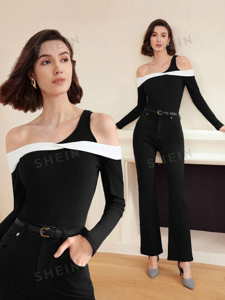 MOTF PREMIUM WOMEN'S KNITTED COLOR-BLOCK ASYMMETRICAL NECK T-SHIRT | SHEIN