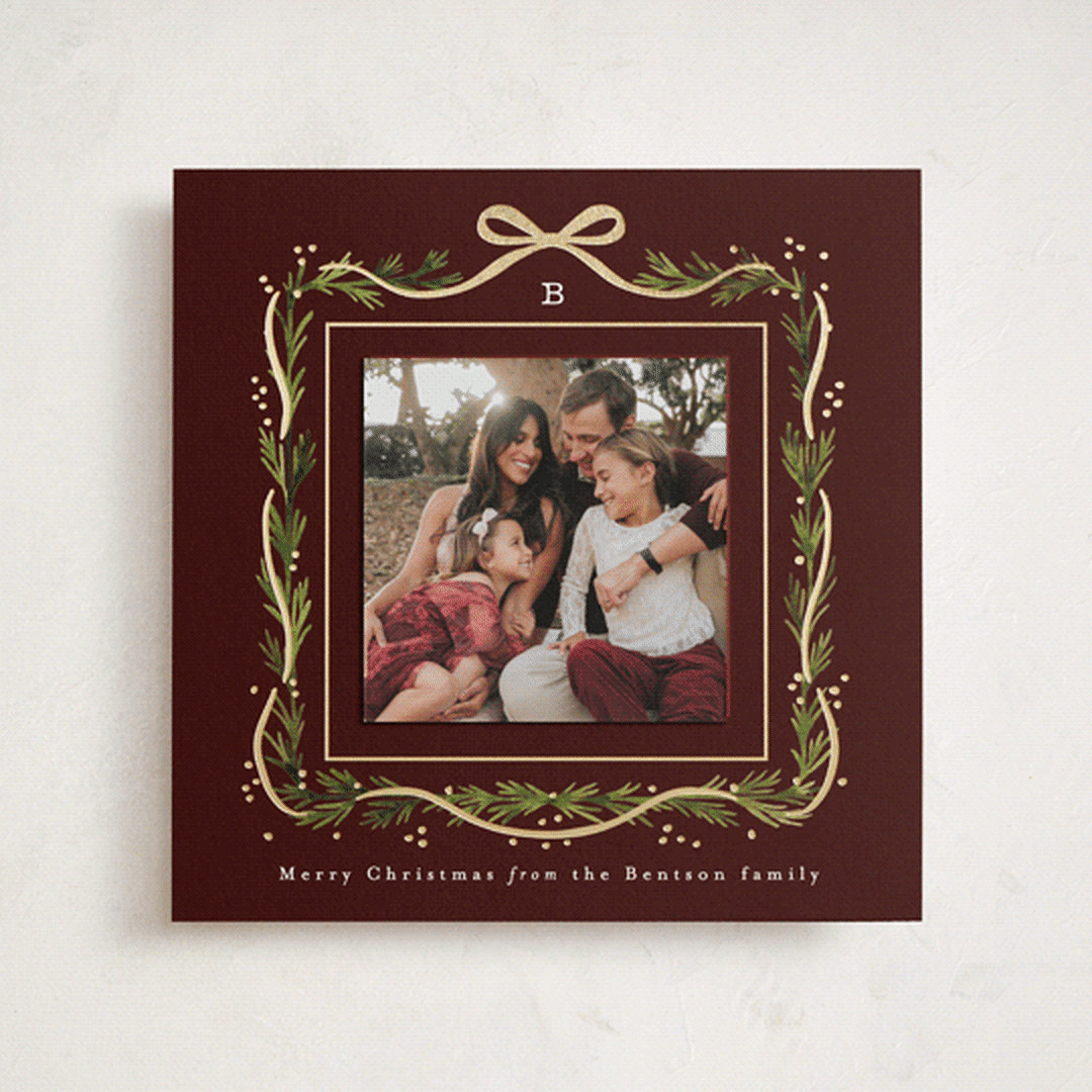 "Garland Border" - Customizable Foil-pressed Holiday Photo Mount Cards in Green by Alethea and Ru... | Minted