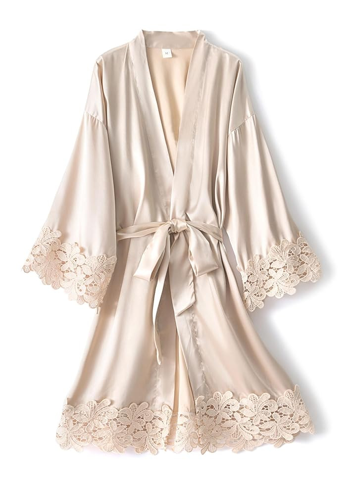 Women Lace Trim Robe Short Kimono Gown Silky Bathrobe for Bride Bridesmaid Nightgown | Amazon (US)