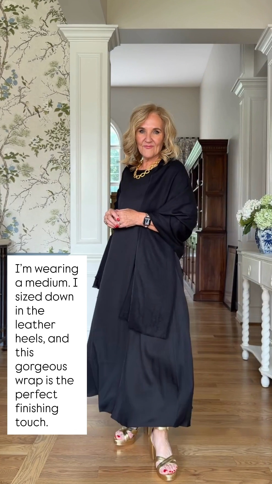 This washable silk black dress is an elegant investment piece for weddings, galas, and special events. The beautiful drape, flowing silhouette, and pockets make it just as comfortable as it is sophisticated. I’m wearing a medium. I sized down in the leather heels, and this gorgeous wrap is the perfect finishing touch.

💡 LTK MADE EASY
❤️ Heart = Support my posts!
🔖 Save = Get sale & restock alerts
📋 Lists = Keep favorites organized
📲 Share = Send lists and products to a friend. Hello, Christmas List!
💬 Comment = Ask me anything about what I’m wearing.:-)

#LTKootd #LTKSeasonal #LTKOver40