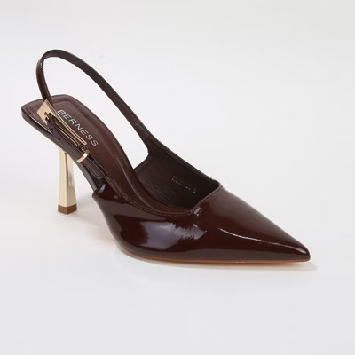 Berness Women's Honey Glossy Slingback Heels with Gold Buckle Detail Brown 8.5 | Target