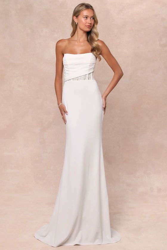 White Sheer Lace Pleated Strapless Maxi Dress | Bride Reception Dress | White Dress Bride | Lulus