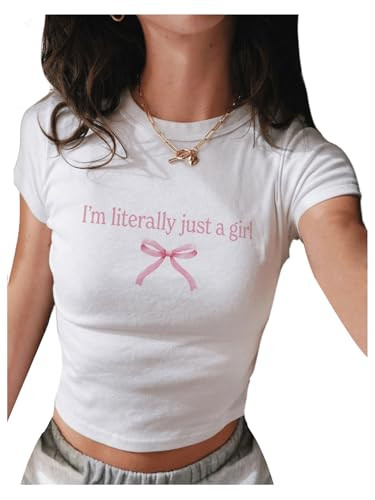 RoseSeek Women's Graphic Bow Short Sleeve Crewneck Crop Tops Slim Fit Y2K Cute T Shirts White and Pink X-Small | Amazon (US)