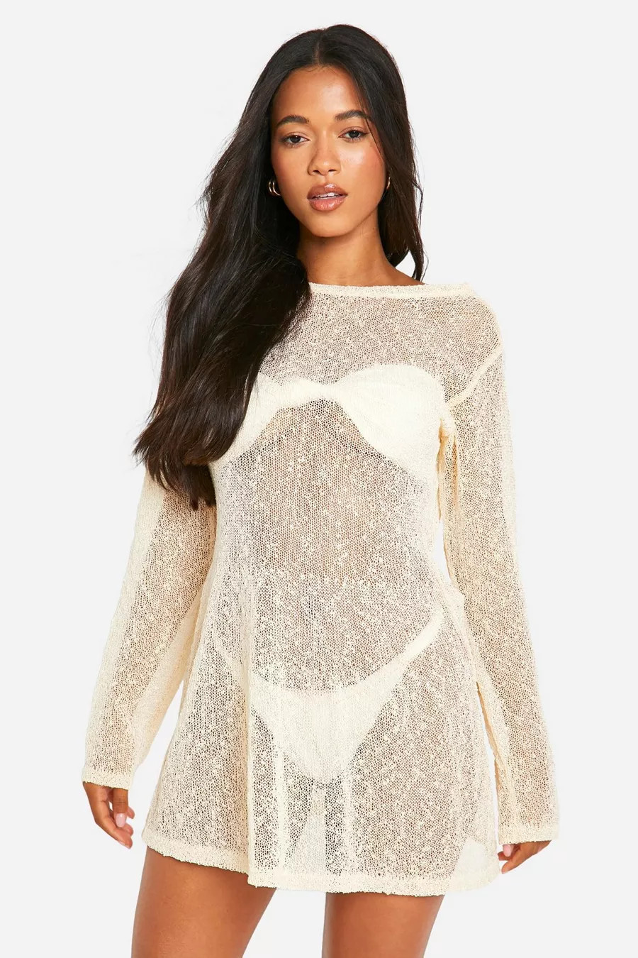 Popcorn Crochet Open Back Beach Mini Dress | Boohoo.com (UK & IE)