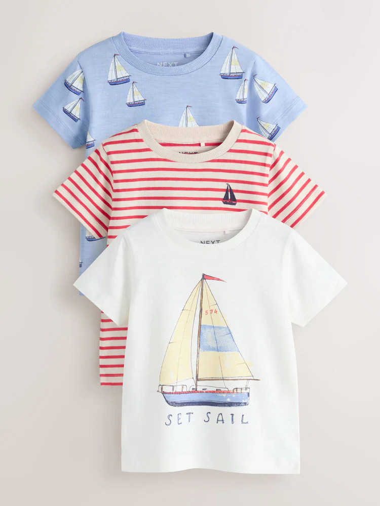Blue Boat Short Sleeve All Over Graphic Print T-Shirts 3 Pack (3mths-7yrs) | Next US