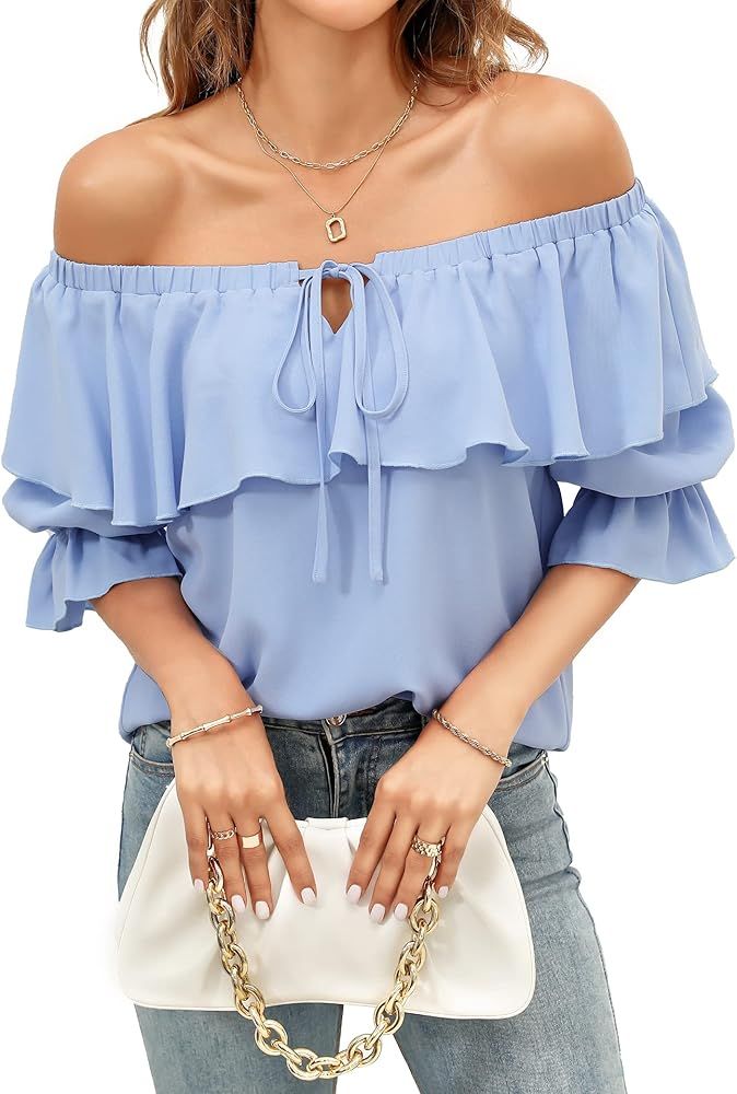 GOORY Off The Shoulder Tops for Women Casual Summer Ruffle Top Chiffon Blouses 3/4 Sleeve Shirts Ele | Amazon (US)