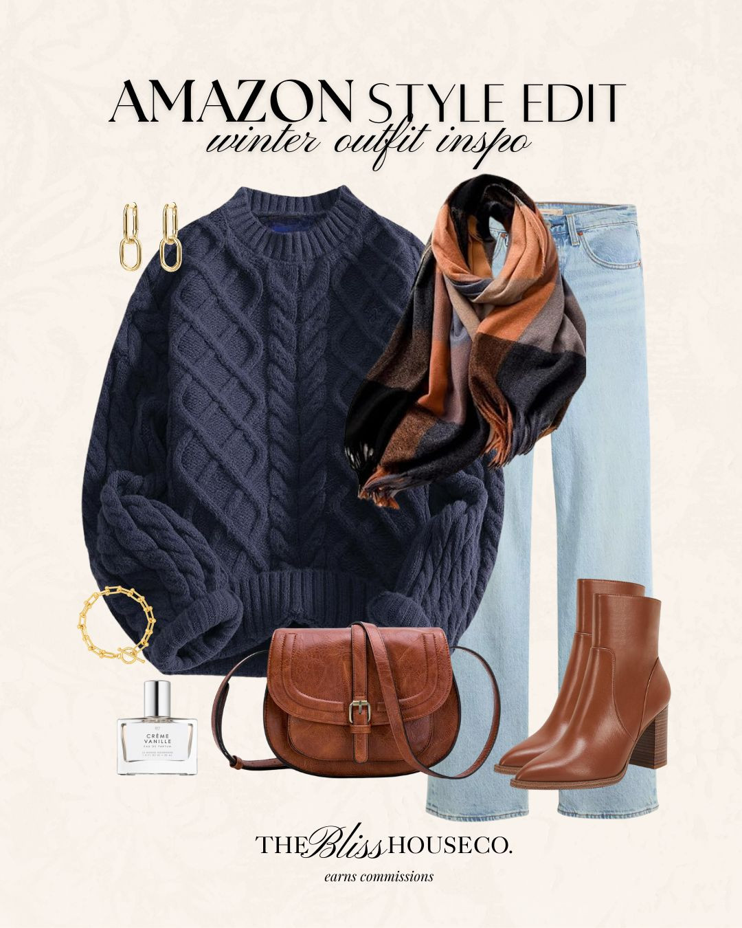 Winter outfit inspo all from Amazon! Winter fashion, cold weather style, cable knit navy sweater, light wash jeans, cozy scarf, brown boots, trendy jewelry, affordable Amazon fashion, styled look inspiration. 

 #LTKootd #LTKSeasonal #LTKFindsUnder50