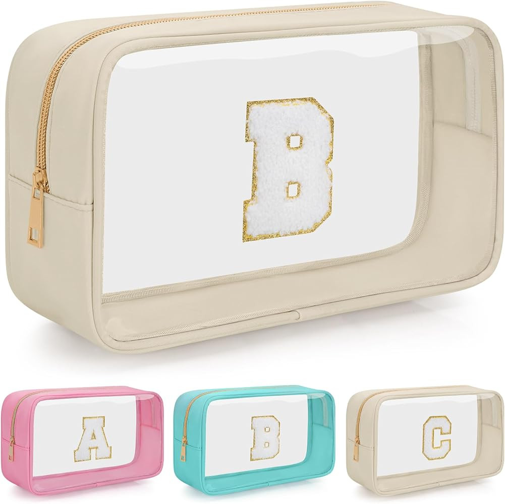 Personalized Initial Letter Clear Makeup Bag, Travel Chenille Patch Cosmetic Bag, Waterproof Toil... | Amazon (US)