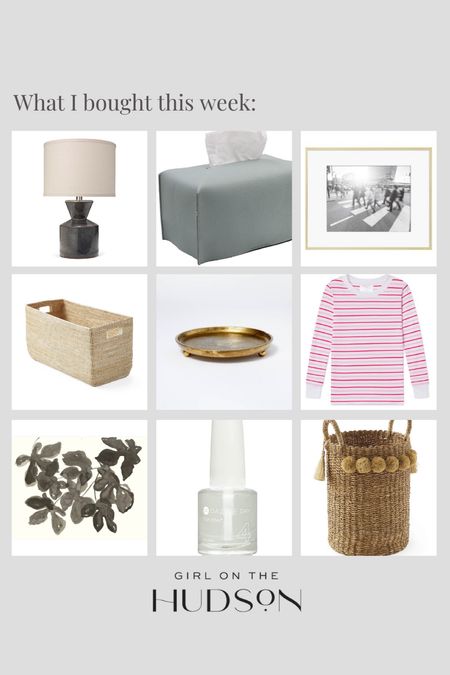 Things I bought this week!

Leather tissue box cover, table lamp, Serena & lily basket, minted art, brass picture frame, brass candle holder, Valentine’s Day pajamas, nail polish 

#LTKsalealert #LTKhome #LTKunder50