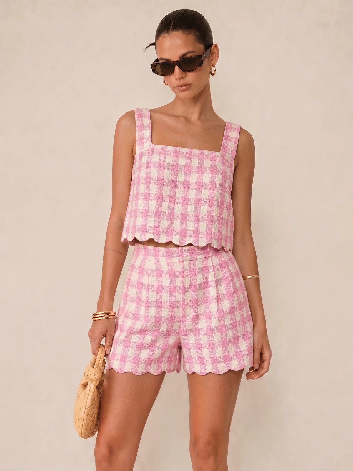Gingham Scallop Hem Crop Top & Shorts Set | Commense