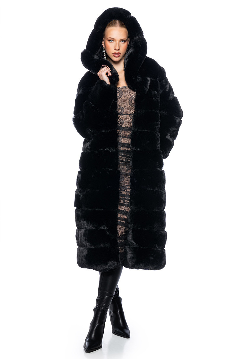 AZALEA WANG FAUX FUR PANEL HOODED TRENCH IN BLACK | AKIRA